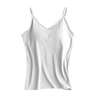 Imagem de Camiseta feminina de algodão, sutiã embutido, alças finas, alças finas, camiseta com sutiã de prateleira, Branco, GG