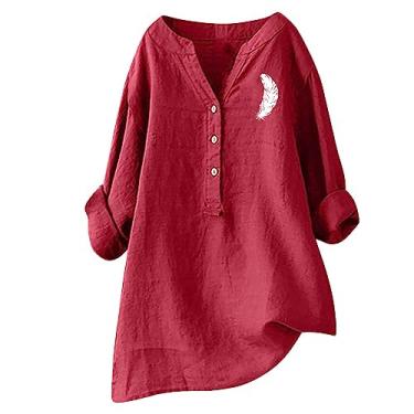 Imagem de Blusa feminina de algodão e linho, abotoada, manga comprida, casual, verão, gola V, praia, camisetas estampadas, Vermelho, M
