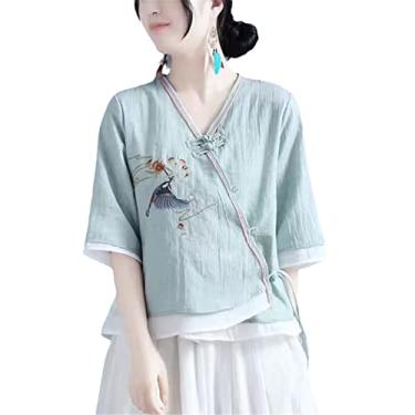 Imagem de Camisetas femininas de linho verão estilo chinês retrô finas camisas tradicionais chinesas tang terno Hanfu étnico feminino Cheongsam, H-804, P