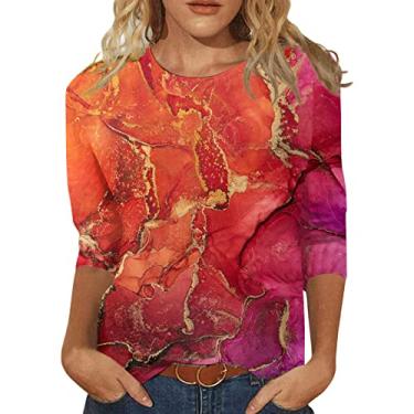 Imagem de 2024 primavera verão estampa floral camisetas femininas 3/4 gola redonda manga curta camisetas casuais blusas elegantes confortáveis, A011-laranja, M