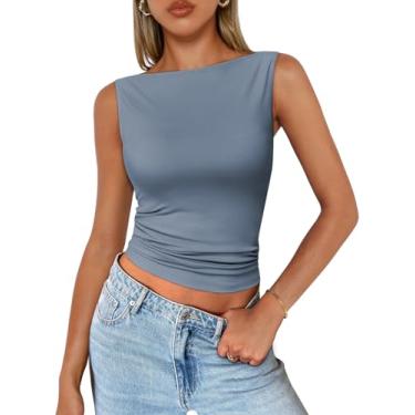 Imagem de Trendy Queen Regata feminina casual primavera verão básica fofa 2024 camiseta sem mangas Y2K moda roupas, Azul escuro, P