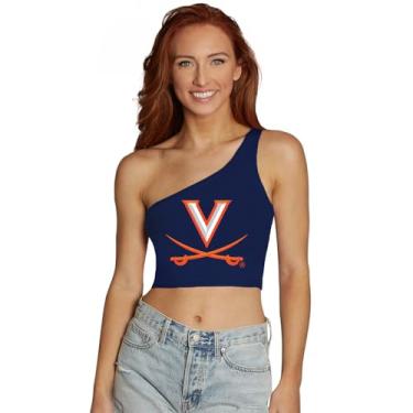 Imagem de Lojobands Camiseta feminina College Gameday com um ombro só, top cropped tamanho único, Uva Virginia Cavaliers - Azul-marinho, Tamanho Único