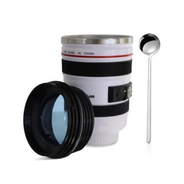 Imagem de FAEFTY Caneca de café com lente de câmera, caneca de lente de câmera, copo de viagem, caneca de café de aço inoxidável com colher, presentes interessantes para fotógrafos para mulheres/homens (branco