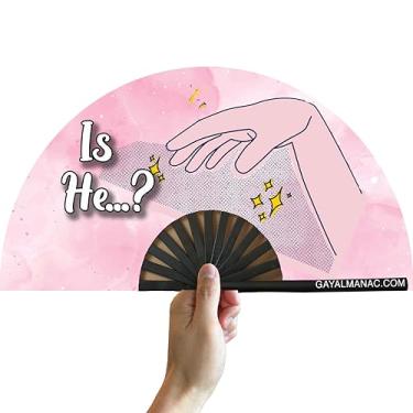 Imagem de PandaTak Fãs de mão dobráveis do orgulho gay, leque de bambu grande engraçado de 33 cm com tinta reativa UV, para festas de circuito LGBTQ, festivais EDM e raves (Is He?)