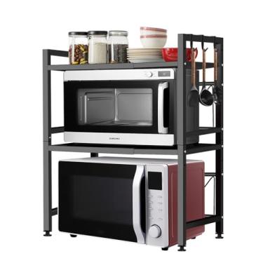 Imagem de Prateleira de micro-ondas de 3 níveis, rack de micro-ondas com ganchos, prateleira expansível para bancada de cozinha, suporte de micro-ondas pequeno de aço carbono, suporte de micro-ondas e