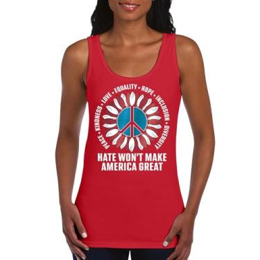 Imagem de Camiseta regata feminina Hate Won't Make America Great Peace Kindness Love Equality Hope Inclusion Diversity Peace Sign, Vermelho, P