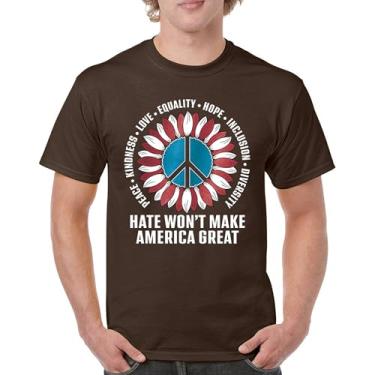 Imagem de Camiseta masculina Hate Won't Make America Great Peace Kindness Love Equality Hope Inclusion Diversity Peace Sign, Marrom, 4G