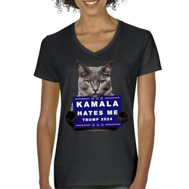 Imagem de Camiseta feminina Kamala Hates Me Trump 2024 gola V engraçada gato republicano animal de estimação anti Harris Vote vermelho MAGA Kitten 47 camiseta luta, Preto, G