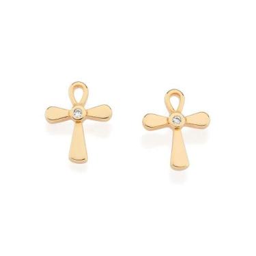 Imagem de Brincos rommanel banhado ouro 3x 24k 18k e 22k feminino pequenos cruz 
