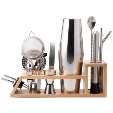 Imagem de Kit coqueteleira em aço inox e suporte de bambu 17 peças - Mimos e Via