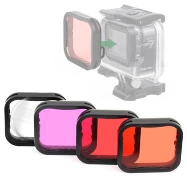Imagem de GEPULY Pacote com 4 filtros de mergulho subaquáticos para GoPro Hero 5 6 7 Black Hero 2018 capa à prova d'água em vermelho, vermelho claro, magenta e 5 filtros de close-up para correção de cor