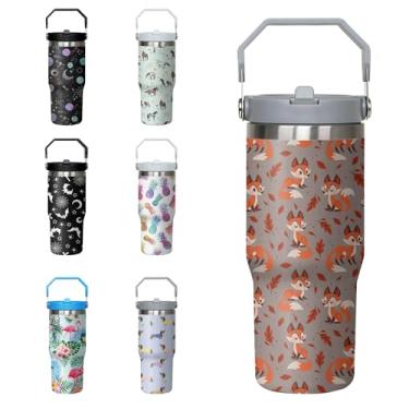 Imagem de Xchearser Copo de raposa com alça e canudo dobrável para mulheres e homens, copo com isolamento de aço inoxidável de 850 g, caneca de café de viagem, presentes para amantes de animais