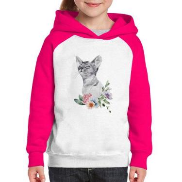 Imagem de Moletom Infantil Gato e Flores - Foca na Moda, Branco, Rosa, 6