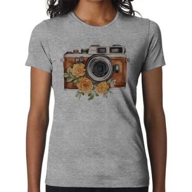 Imagem de Baby Look Máquina Fotográfica Vintage e Flores - Foca na Moda, Cinza, 