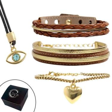 Imagem de Pulseiras Femininas Couro OLHO GREGO Kit C/03 + Colar - Granado Acessó