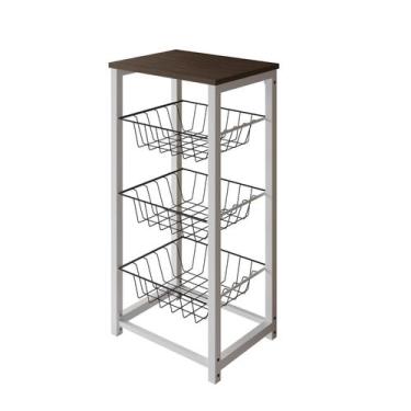 Imagem de Fruteira de Chão Cozinha Desmontada Aço Branco Cesto Preto Tampo Amend