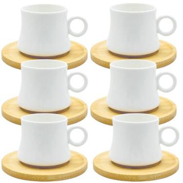 Imagem de Jogo de 6 Xícaras Porcelana Branca com 6 Pires de Bambu 60ml - Sweet H