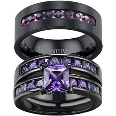 Imagem de ringheart Conjunto de alianças de casamento femininas com corte princesa em ouro preto preto com corte princesa CZ (compre 2 anéis para 1 par), Cristal Metal Pedra Cristal Metal strass pedra, Zircônia