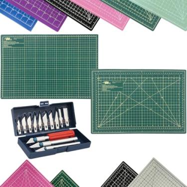 Imagem de Kit Base de Corte A3 45x30cm Patchwork Artesanato Scrapbook Dupla Face Multiuso AutoCura Jogo Estilete de Precisão Profissional 13 Peças (Verde)