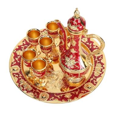 Imagem de Conjunto de Bule de chá de Metal Vintage Elegante Bule de café Turco Com Xícaras Perfeito para Casamento Em Casa (Ouro Vermelho)