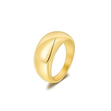 Imagem de CANDYFANCY Anéis de declaração de ouro para mulheres, banda grossa, cúpula inchada, croissant, anel empilhável, moderno, minimalista, grosso, dedo indicador de dedo, 6, Aço inoxidável, Sem pedra