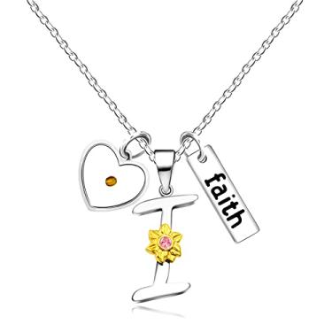 Imagem de Uloveido A-Z 26 Colar com pingente de girassol do alfabeto para mulheres, meninas, aço inoxidável, pingente religioso, coração, semente de mostarda, fé, nome e letra Y2930, Aço inoxidável, Zircônia