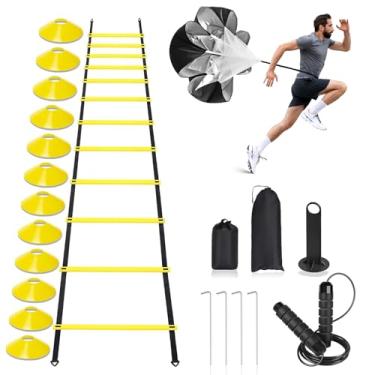Imagem de CHIWALLO Conjunto de equipamentos de treinamento de agilidade de velocidade, escada de agilidade de 6 m, 12 degraus, 12 cones de futebol, corda de pular, paraquedas de corrida, equipamento de treinamento de futebol de basquete para crianças, jovens e adultos