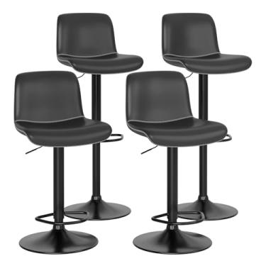 Imagem de Conjunto de 4 banquetas de bar giratórias de couro PU, cadeiras de bar modernas ajustáveis, bancos de bar com altura de balcão com encosto para ilha de cozinha, preto