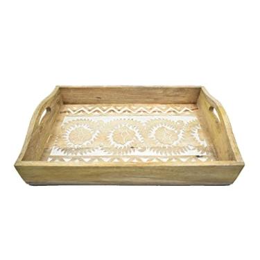 Imagem de Bandeja de servir café da manhã de madeira esculpida à mão com alça para café da manhã, chá, sobremesa | Acessórios de cozinha para jantar | 38 x 25 cm | 2047