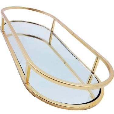 Imagem de Bandeja Espelhada Oval Metal Dourado Lavabo Multiuso 30x12cm