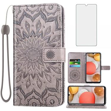 Imagem de Capa de celular para Samsung Galaxy A42 5G com protetor de tela de vidro temperado, capa fina de couro de girassol, suporte de cartão, acessórios de celular Glaxay A 42 Gaxaly 42A S42 feminino masculino cinza