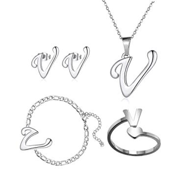 Imagem de Loqimu Pacote com 4 conjuntos de joias iniciais de aço inoxidável para mulheres, anéis de prata, pulseiras, brincos com pingente, colar, gargantilha maiúscula, corrente, brincos de orelha, presente,