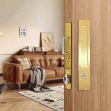 Imagem de Fechaduras de porta, fechadura de bolso com chave, maçanetas de bolso, ferragens de porta de bolso com puxadores de borda para portas deslizantes e dobráveis (ouro, tipo chave)