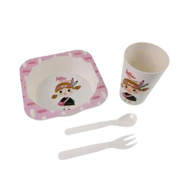 Imagem de Kit papinha Prato Copo e talheres criança bebê - Rosa - clink