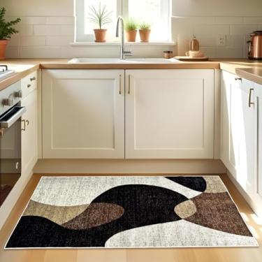 Imagem de 1 Tapete Cozinha Belga Grande Passadeira Es Mo 66 x 110 Vr (D6Mod Bege Preto Marrom Marfim Moderno Manchado Abstrato)