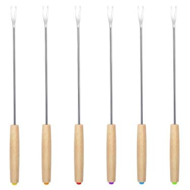 Imagem de ZukoCert 6 peças de garfos de fondue de aço inoxidável, palitos de fondue codificados por cores com cabo de madeira, espetos resistentes ao calor para queijo, fonte de chocolate, marshmallows assados,