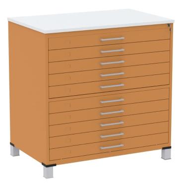 Imagem de Mapoteca 10 Gavetas Pandin 120 cm (Larg) Inmetro Tampo mdp Branco Estrutura e Gavetas em Aço Laranja