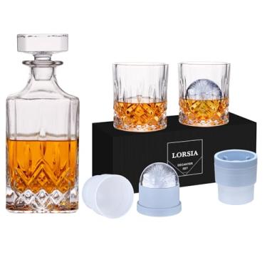 Imagem de Conjunto de decantador de uísque com caixa de presente – Inclui 2 copos de cristal Bourbon e 2 moldes grandes para bolas de gelo – Conjunto de copos de uísque para uísque, coquetéis, rum, conhaque e