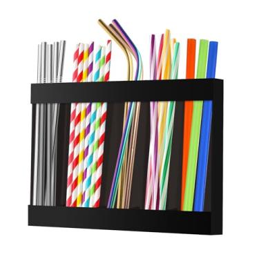 Imagem de Suporte organizador de canudo acrílico com fita adesiva dupla face - Recipiente de armazenamento reutilizável para canudos de tamanho padrão, ideal para balcão de cozinha, armário, armário (preto)