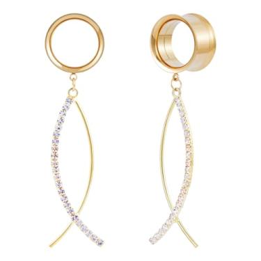 Imagem de POBAISITER 2 peças brincos geométricos de zircão em forma de peixe em forma de orelha de aço inoxidável com alargador duplo alargado e alargador expansor de parafuso para mulheres joias de piercing