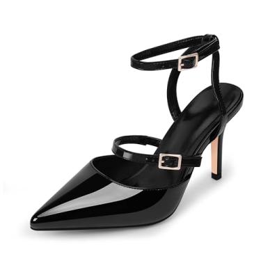 Imagem de yowmns Sapato feminino de couro envernizado bico fino salto agulha com fivela dupla tira no tornozelo, Preto, 35 BR