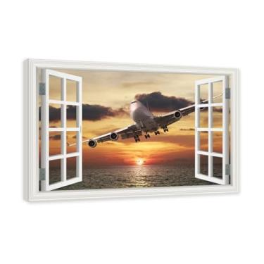 Imagem de Arte de parede em tela de janela aberta, impressão natural em tela, "Avião no céu 66.0 cm, decoração de parede de paisagem de janela, decoração de casa moderna. Moldura interna de 60 x 90 cm - 23,6 x