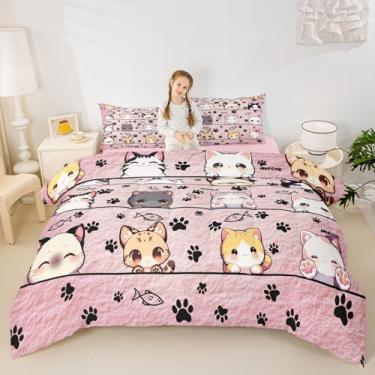 Imagem de Manfei Conjunto de edredom de gato kawaii, tamanho infantil, desenho animado, gatinho, animal de estimação, para crianças, adolescentes, estilo desenho animado, rosa, edredom de plumas, 2 peças, 1