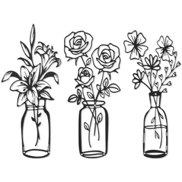 Imagem de Decoração de parede de flores de metal, 3 peças, vasos de ferro forjado, decoração de parede para sala de estar, arte de parede para quarto, grande e moderna, escultura de parede, preto, estilo F