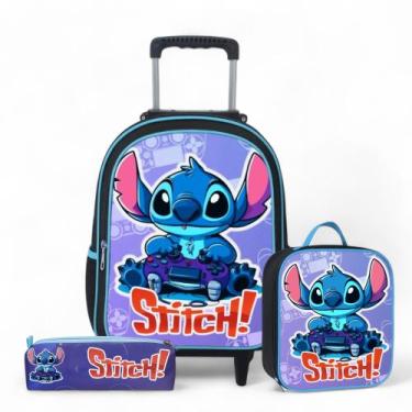 Imagem de Kit Mochila Rodinha Infantil Masculino Escolar Lilo Stitch + lancheira
