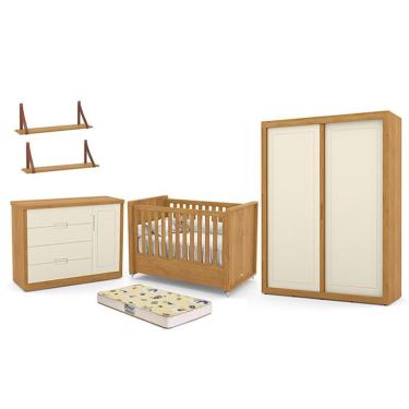 Imagem de Dormitório Tutto New 2 Portas, Cômoda 1 Porta, Berço com Colchão D18 e Prateleiras - Matic Móveis Freijó/Off White