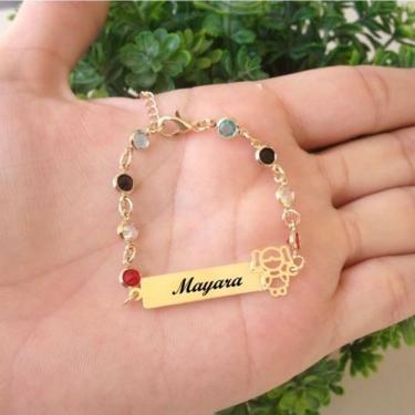 Imagem de Pulseira Chapinha Infantil Menina Pedrinhas Coloridas Em Banho De Ouro