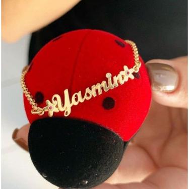 Imagem de Pulseira Infantil Manuscrito Nome Detalhe Flor Banho De Ouro Filha
