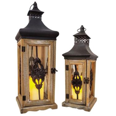 Imagem de Jogo 2 Lanternas Decorativa Iluminada Madeira e Ferro Rústico Com Vela LED 55cm e 37cm