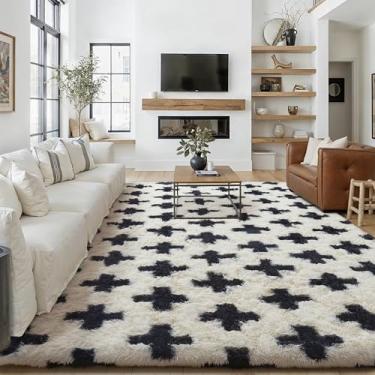Imagem de PureCozy Tapete quadriculado 15 x 23 cm para sala de estar, preto e branco, moderno, lavável, antiderrapante, tapete de área grande, supermacio, tapete felpudo para quarto, casa, decoração estética